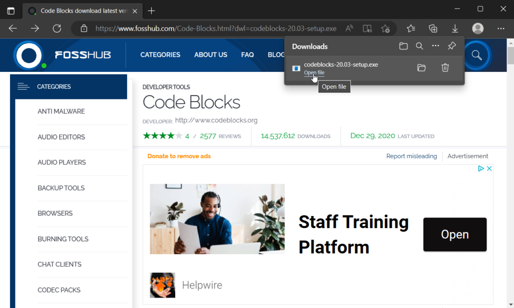 Setting Up Code::Blocks IDE for C Programming: Step 3: Downloading and opening the Code::Blocks setup