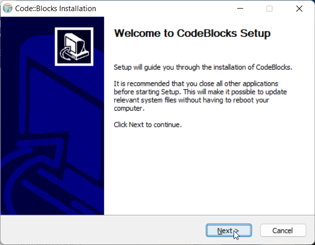 Setting Up Code::Blocks IDE for C Programming: Step 4: Installation window for setup