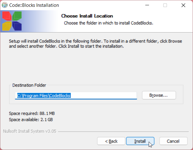 Setting Up Code::Blocks IDE for C Programming: Step 7: Select file location to install C programming IDE