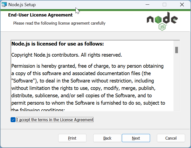 How to install Node.js to run JavaScript: Step 1c: On  'End-User License Agreement' window, click the check box to accept agreement. Click Next.