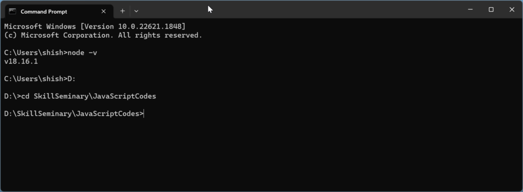 Run JavaScript using Node.js with Windows Command line or PowerShell:  4. Open your command line or terminal, navigate to the directory containing your .js file. 