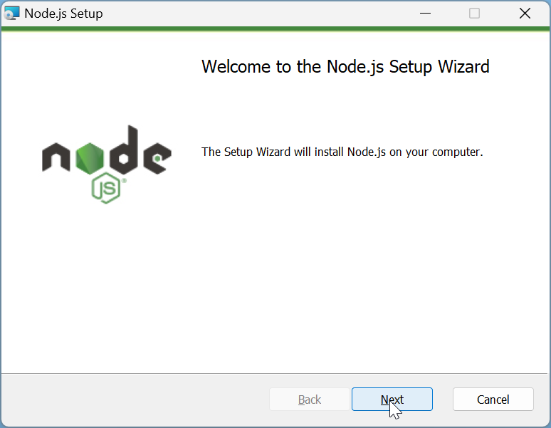How to install Node.js to run JavaScript: Step 1b: On  'Welcome to Note.js setup wizard' window, Click Next.