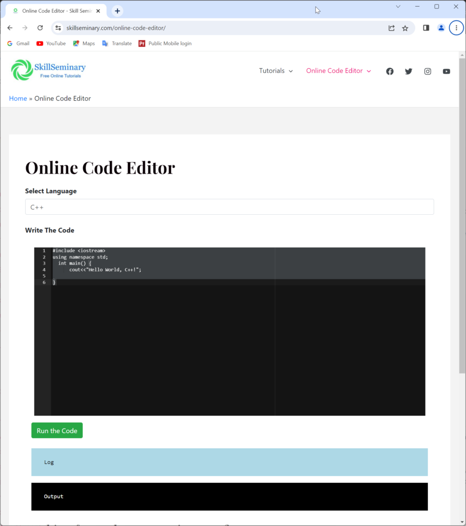 Online Code Editor of SkillSeminary.com