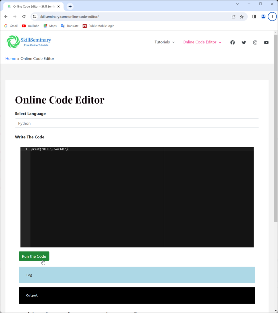 Online Code Editor of SkillSeminary.com: Select Language and paste the code